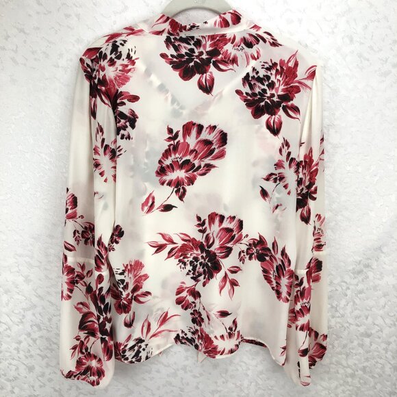 DKNY Floral Cream & Pink Long Sleeve Sheer Bow Tie Front Pullover Blouse Size PM - Picture 3 of 13
